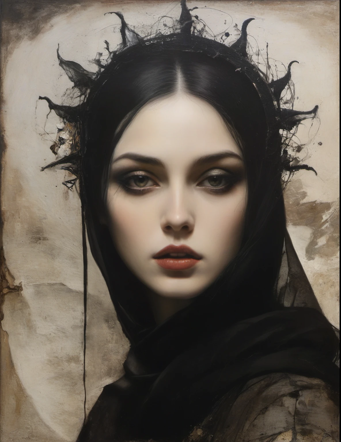 James Gurney, Surrealist art , dream-like, Mysterious, Provocative, symbolic, Complex, detailed,, (Gothic but very beautiful:1.4), (masterpiece, highest quality:1.4) , Nicola Samori Style, Laputa, Beautiful woman face