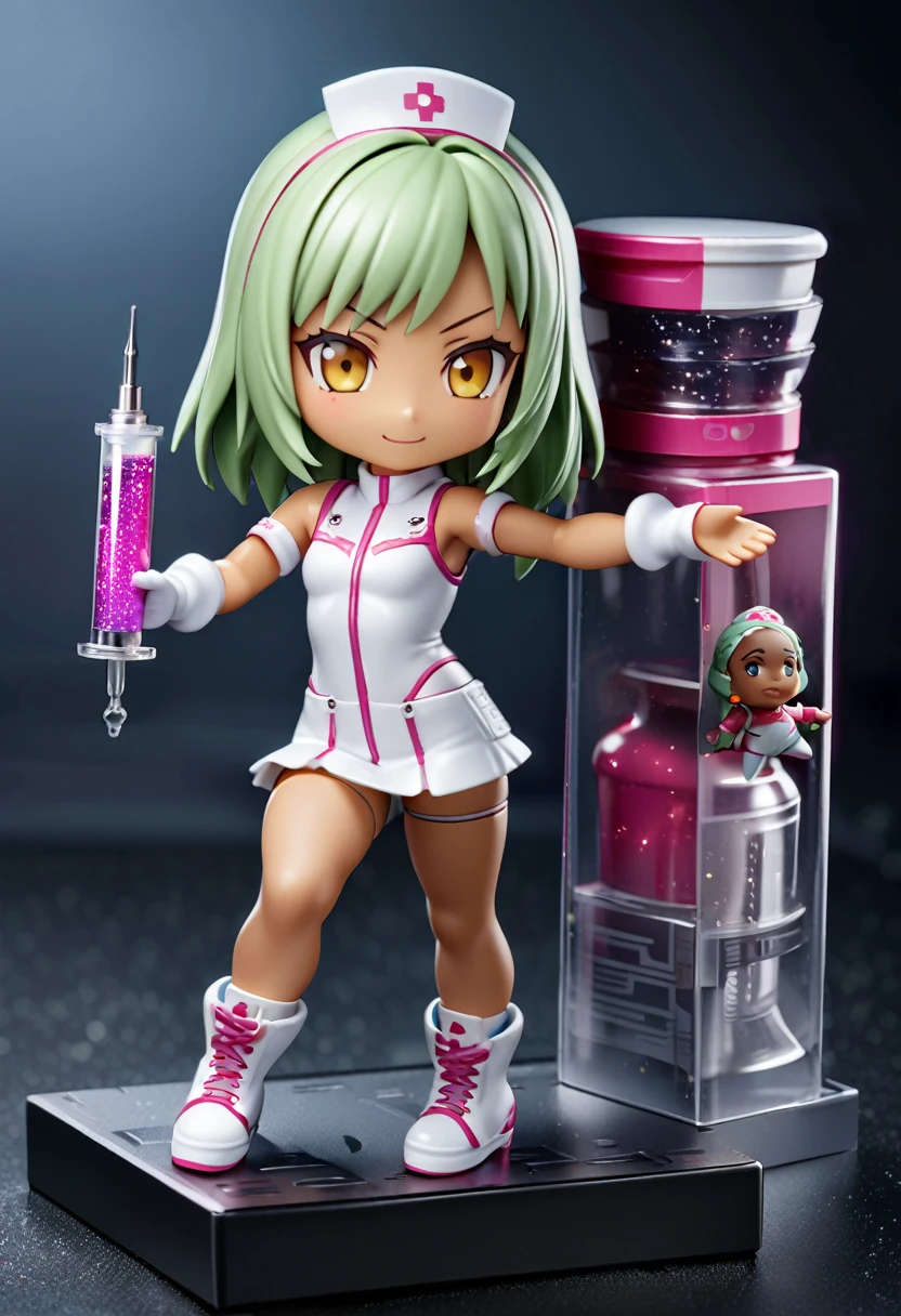Photorealistic,(masterpiece, best quality:1.1), (ultra highres, ultra-detailed:1.2) ,Figure, (chibi, flat,Nendoroid:1.5),octane rendering,3D rendering,1girl,tween,cute, white frog headgear,tanned dark skin,big headgear,lightgreen hair,side bangs,white sleeveless nurse one piece,white frog gloves,mini skirt,white platform boots,small breast,has a large syringe,in cyberpunk metropolis,(fullbody),smile,detailed face, depth of field,Portrait,beautiful lighting, volumetric lighting, dynamic pose,(Glitter:1.5) ,
