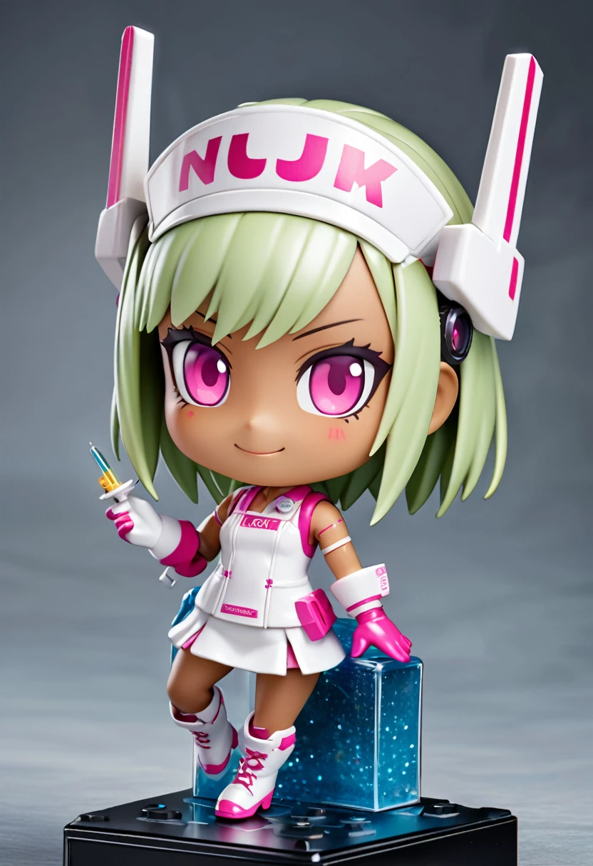 Photorealistic,(masterpiece, best quality:1.1), (ultra highres, ultra-detailed:1.2) ,Figure, (chibi, flat,Nendoroid:1.5),octane rendering,3D rendering,1girl,tween,cute, white frog headgear,tanned dark skin,big headgear,lightgreen hair,side bangs,white sleeveless nurse one piece,white frog gloves,mini skirt,white platform boots,small breast,has a large syringe,in cyberpunk metropolis,(fullbody),smile,detailed face, depth of field,Portrait,beautiful lighting, volumetric lighting, dynamic pose,(Glitter:1.5) ,