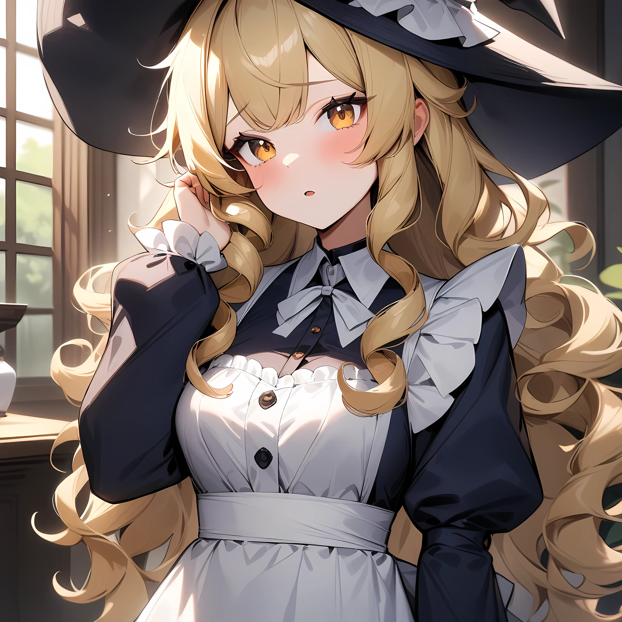 Maid Outfit, masterpiece, best quality, very aesthetic, absurdres, ORIENTAL PROJECT, marisa kirisame, In Gensokyo, Blonde curly hair, White ribbon witch hat, Navy blue maid clothes, Golden Eyes, Marisa is a maid in a European aristocratic mansion