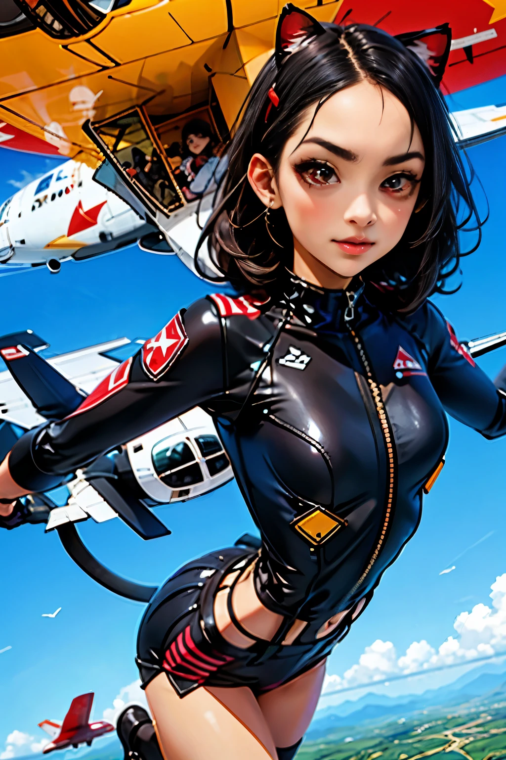 Skydiving from a plane,Sexy girl nipple,con el pelo largo negro y (orejas de gato),((ojos rojos)), enorme sujetador sin tirantes