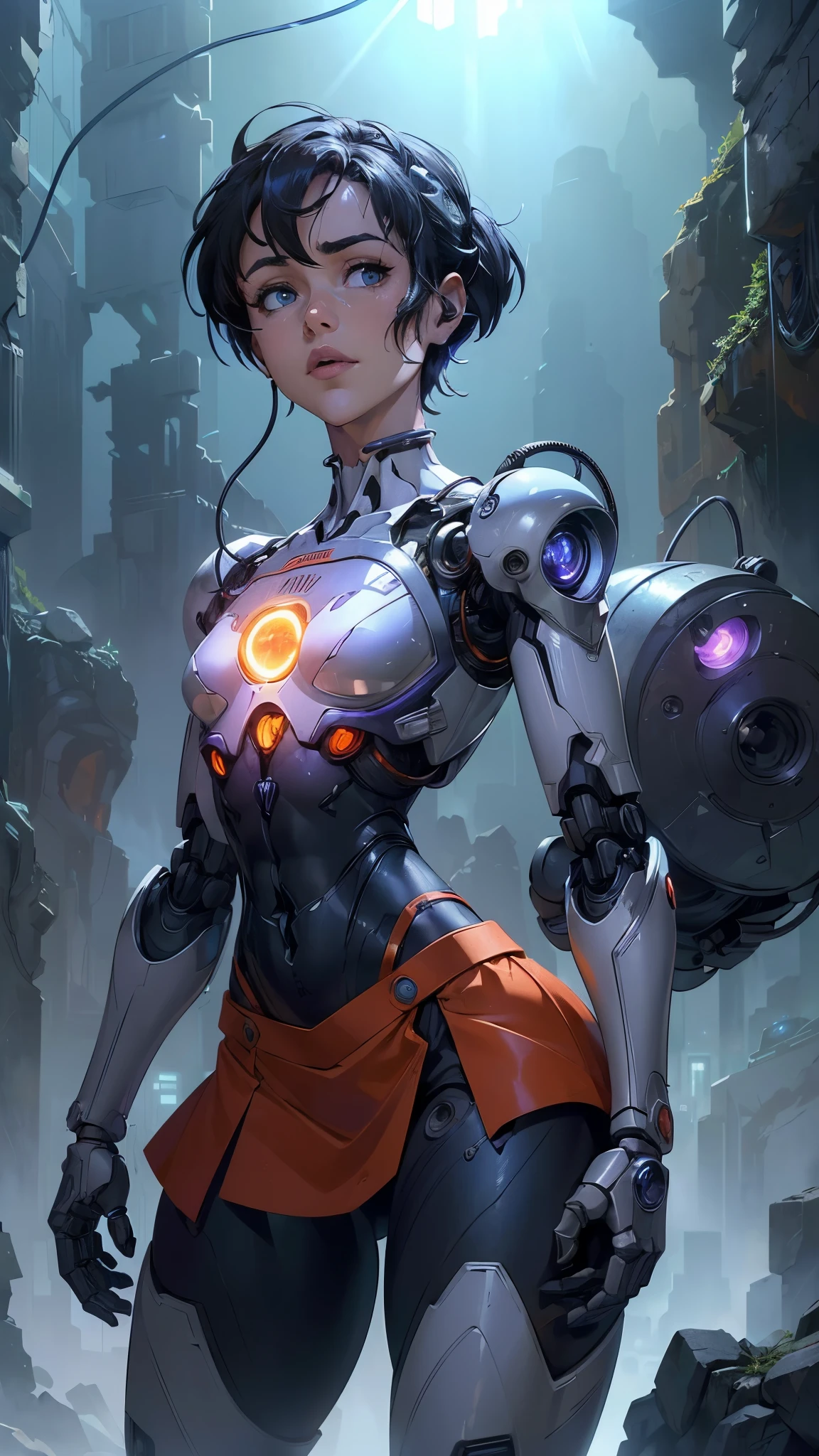 (La mejor calidad,A high resolution,Ultra - detallado,actual),sabrina carpenter cyborg, ( mini skirt cyborg orange :1.4), top corto white,,(Fondo de ruinas de mazmorra en ruinas cyberpunk :1.4 ), (Mechanical vertebrae attached to the back, mechanical cervical attachment to the neck, alambres y cables que se conectan a la cabeza, Evangelion, small bright LED lamps:1.4) , More detailed 8K.motor irreal:1.4,UHD,La mejor calidad:1.4, fotorrealista:1.4, textura de la piel:1.4, obra maestra:1.8,obra-prima, mejor calidad,objeto Objeto], (detailed face features:1.3),(Las proporciones correctas),(Ojos hermosos azules),  (pose vaquero),( sabrina carpenter:1.4), (sabrina carpenter V2.1),( perfect anatomy:1.4), (cyborg mechanical robot transparent plastic white:1.4), ,(Fondo de ruinas de mazmorra en ruinas piedras grandes caverna :1.4 ), (cinematic lighting :1.4), (fondo laboratorio robotic :1.4), (Cyborg inteligencia artificial :1.4),( face detailed :1.4) 