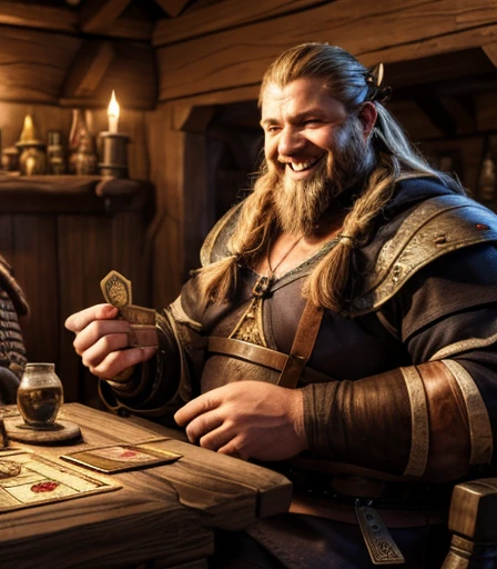 He is laughing and holding a skull-shaped goblet full of drink., he is euphoric and very happy with his victory in the mystical card game, by He is sitting facing the viewer Holding his cards with both hands. He looks menacing, Just chubby plump extremely thick thighs (melhor qualidade,4K,8k,high resolution,obra de arte:1.2),ultra-detalhado,realista:1.37,homens,grown-up homens,old homens,fat white muscular homens,cabelo da barriga,large bulges, (((he is in a viking tavern holding magic cards with his hands, he is in a game of magic cards inside a bad tavern, he wears a mystical wizard&#39;s overcoat))). pants,camisa xadrez,barba,nojento,60-year-old homens,family,pai,barriga de urso,terno de abertura. Sentado na beirada da cama. apenas usando sunga no corpo. Looking at the spectator gesturing with his hands. Asking for your hand, pedindo um objeto., Se adequa, vetor, mwvetor