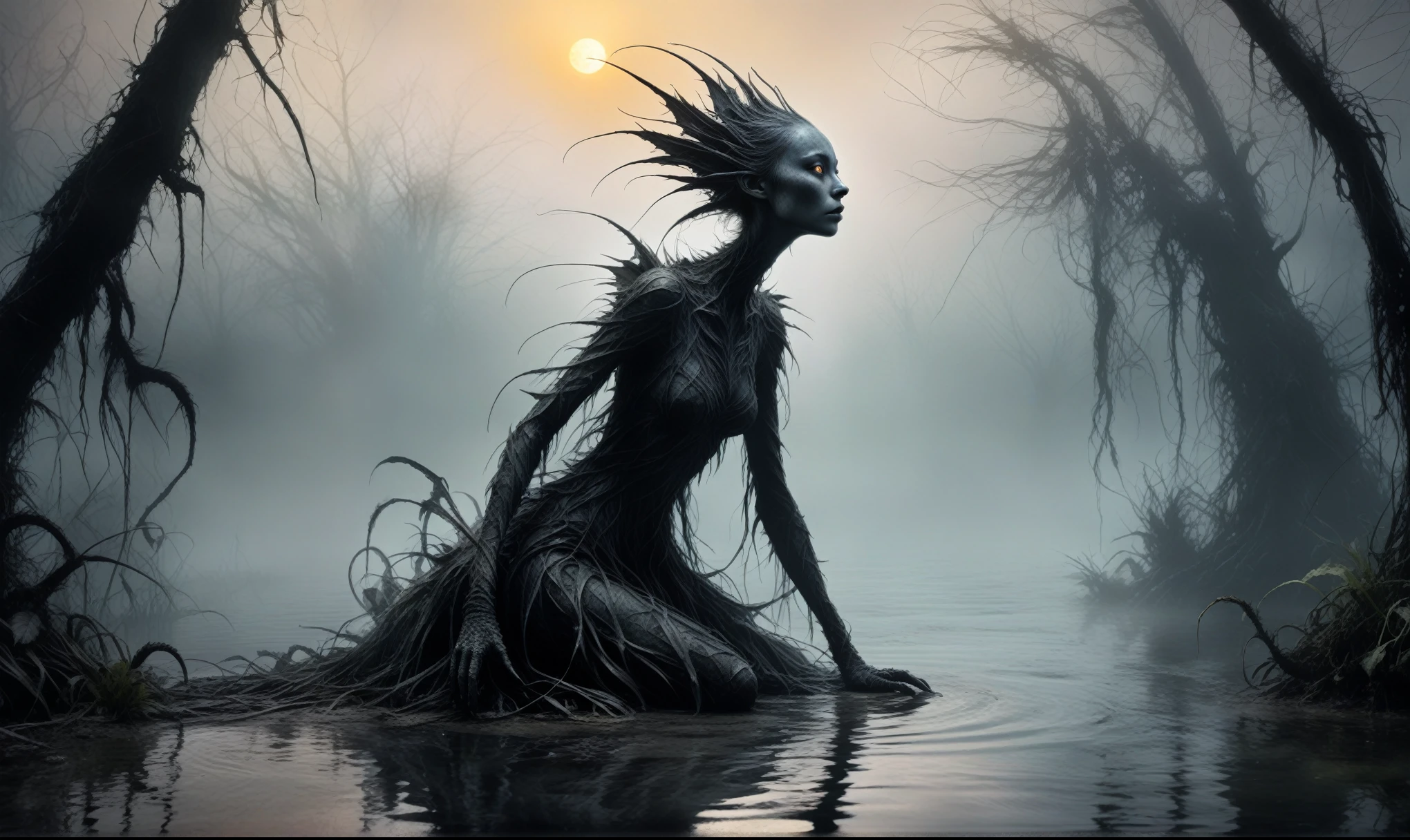 Quentin Blake Style Photography, wlop,full body length,once pretty,full body,bailong plant girl made of dead plants,a girl made of charcoal plants,charcoal The Alien Entity,ominous landscape, niobium graphite atmosphere,dangerous atmosphere,intricate details,realistic graphite skin,extremely intricate details,Epic Realistic,At night, light shone on her,anatomically correct,eyes extremely detailed, high detailed eyes,UHD,Retina,HDR,Technicolor,natural skin textures, hyper realism, hyper detailed,High contrast,Realism,Ultra Detailed,irina yermolova,close full body shot, masterpiece,faded,8k resolution,RAW, Nikon Z9,pixie,nicola samori,ominous dragon wing,pale demon woman crawling out the water in a foggy marsh, horror movie, cinematic look, creepy aesthetic, ultra detailed, photorealistic masterpiece,winter,sunset,middle of a forest, matte painting , anton fadeev