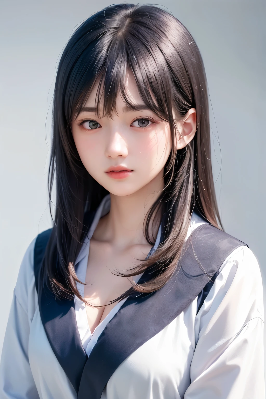 (1 nogizaka girl,raw photo,photo realistic:1.5),(best quality, high quality,HDR, highest quality,ultra high resolution,high resolution,high res,ultra high difinition,huge file size,8K,2K wallpaper,8K wallpaper,high quality texture,amazing,an extremely delicate:1.4),one girl, Japanese famous idol,beautiful face,small face,absurd,ridiculous,incredibly ridiculous,portrait,breasts close up,blurry background,(school uniform,cleavage,no makeup:1.2),(six_heads tall),medium skin,beautiful skin,detailed skin,six heads tall,black hair,silky hair,(Japanese eyes:1.3),detailed eyes,black eyes,Japanese idol eyes,triangle eyes,Japanese nose,5-fingers,(Light Particles, Lens Flare, Luminous Particles: 0.7),looking at viewer,bright lighting,professional lighting,girl