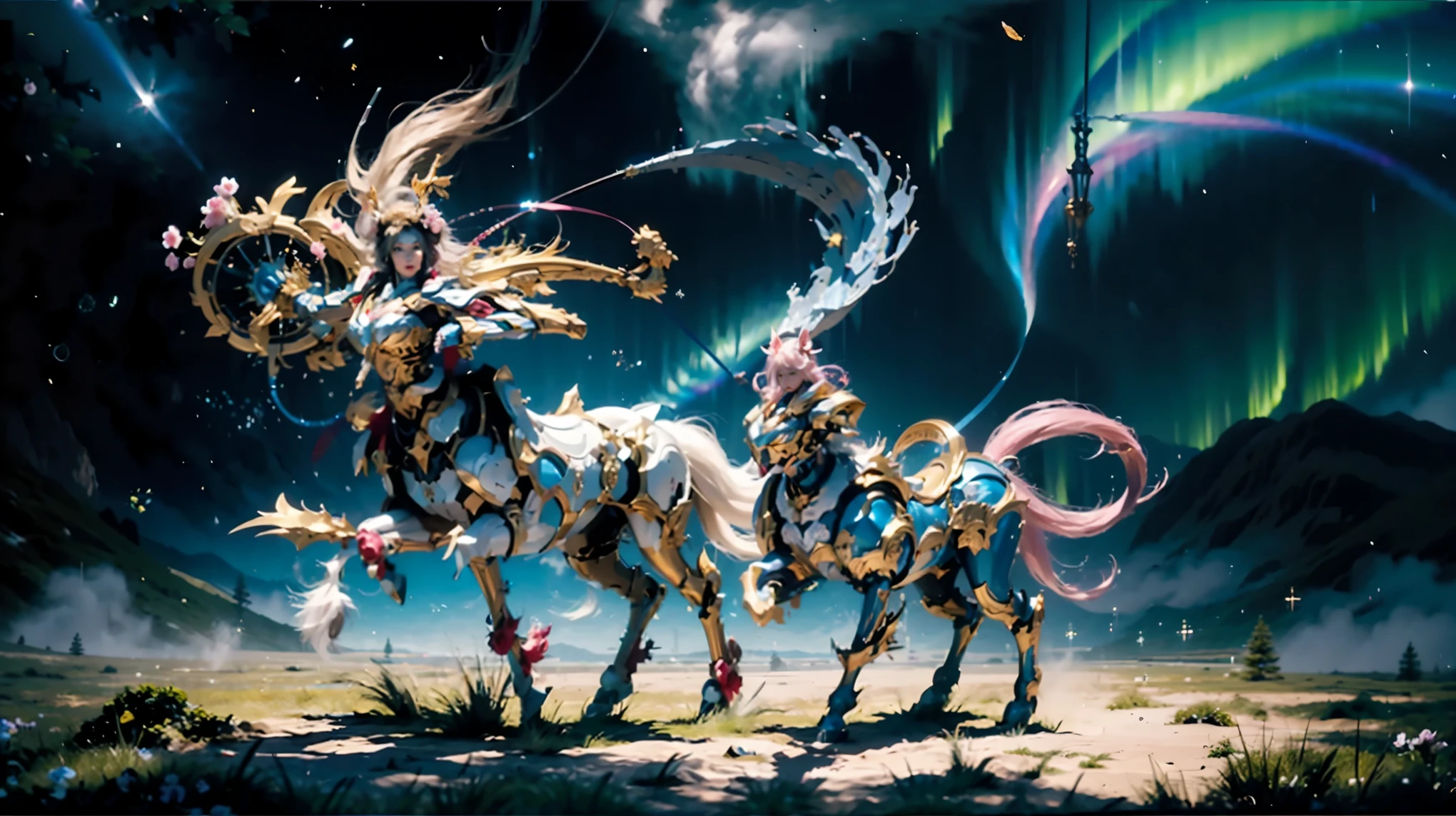 In the beautiful illustration of this super-grand scene，The ultra-distant lens shows us（More than eight distinctive and beautiful female centaurs，Half man, half horse，Half man, half horse，Princess：2.7），Their personality、Distinctive and vivid features。from（A radiant, angelic, snow-white centaur from heaven：1.1），arrive（Nightmare-like fiery red centaur surrounded by flames：1.1）、再arrive（Green Centaur, the wind fairy dancing in the air：1.1）、再arrive有（One-horned blue centaur surrounded by lightning：1.1），arrive（A mechanical-style mecha Centaur shining with metallic light：1.1）、再arrive（A powerful dragon-shaped centaur wearing colorful dragon scale leather：1.1）、再arrive（A slender elven centaur that is graceful and agile：1.1）Gracefully wears a flower crown、arrive（Enchanting and charming Tiflin centaurs：1.1）、再arrive（A succubus centaur with an indescribably sexy feeling：1.1）。Each Centaur character fully demonstrates his unique style。The illustration uses advanced artistic techniques and tools，Use nesting、Weaving、Splicing、perspective、interlude、Montage and other artistic techniques，Divide the scene into sections by geometric arrangement，Each part corresponds to a role，from而更有效地利用了空间，Make eight centaurs exist in one picture at the same time，（The style tends to be grotesque、Hayao Miyazaki、Aesthetic、indescribable：3.3）。Through Midjourney's advanced brush tools、Color palette、Material packs和模型包、Texture tools，For each centaur, beautiful props are designed to increase racial characteristics、Clothing and physical features，Enhances the character's personality and visual appeal，（Stunning landscapes in illustrations，There are changing skies、rainbow、aurora、Stars and Moon，Incorporating iconic landmarks such as Mount Everest，and fireworks、Tranquil Lake、Natural and urban elements of waves and neon lights，Creates a magical atmosphere：1.5），Centaurs demonstrate their unique abilities and equipment in a variety of environments，This is true even in extreme alien landscapes。Use Midjourney's tools、Material packs、Texture tools、The color palette makes depicting details vivid and realistic，from复杂的发型和以及不同的种族特质、Body、Appearance features、服装arrive真实的纹理，Greatly improved the realism of the Centaurs and their surroundings，The fusion of multiple art styles adds dynamism to the character&#39;s movement at all angles，The overall visual experience is further enriched。The final illustration was described as a "masterpiece"，It has the characteristics of "best quality" and "realistic"，The details put into the creative process are shown、Level of creativity and craftsmanship。 hdr，（Reality，Masterpiece quality，Best quality）