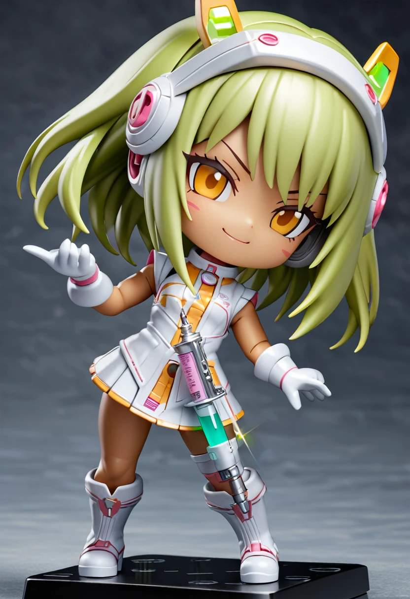 Photorealistic,(masterpiece, best quality:1.1), (ultra highres, ultra-detailed:1.2) ,Figure, (chibi, flat,Nendoroid:1.5),octane rendering,3D rendering,1girl,tween,cute, (white frog headgear),tanned dark skin,big headgear,lightgreen hair,side bangs,white sleeveless nurse one piece,white frog gloves,mini skirt,white platform boots,small breast,has a large syringe,in cyberpunk metropolis,(fullbody),smile,detailed face, depth of field,Portrait,beautiful lighting, volumetric lighting, dynamic pose,(Glitter:1.5) ,