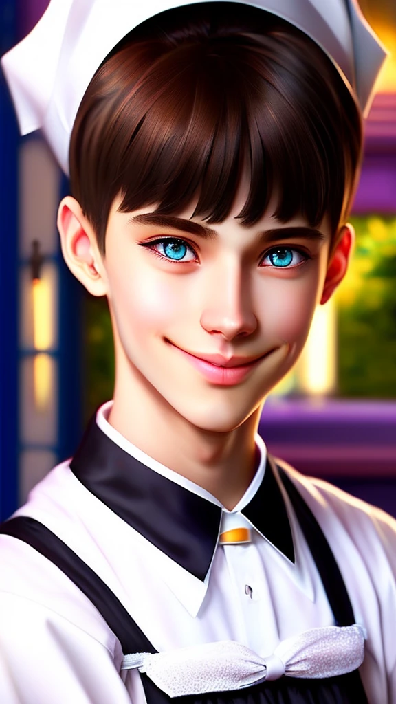 a mischievous young man wearing a maid outfit, beautiful detailed eyes, beautiful detailed lips, extremely detailed eyes and face, long eyelashes, detailed facial features, maid uniform, cute expression, playful pose, dynamic composition, vibrant colors, warm lighting, digital painting, highly detailed, photorealistic, masterpiece, 8k, best quality