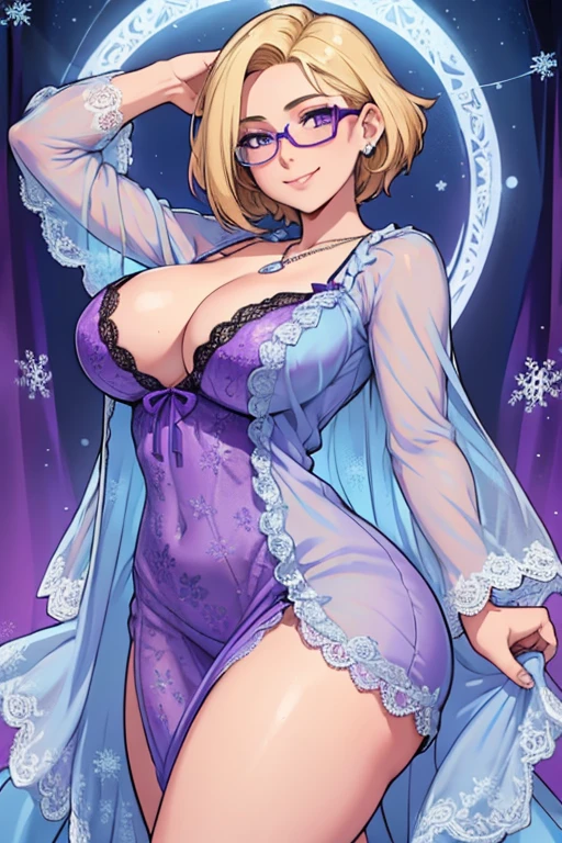 female, blonde short hair with purple trim, purple eyes, (((1girl))), (((light blue lace nightgown))), (glasses), (necklace with snowflake pendant), cute and sexy, full body, large breasts, large butt, long legs, smiling