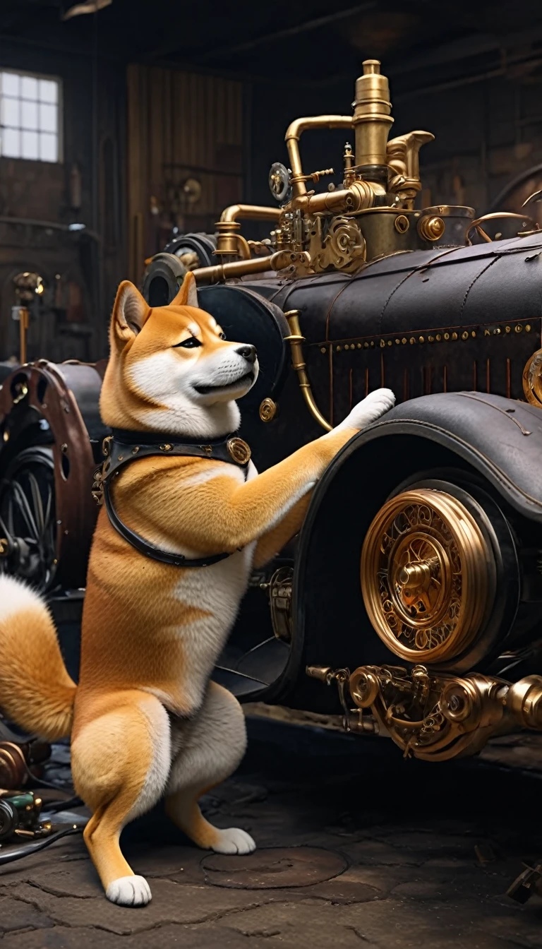 an anthro shiba inu mechanic full body fur is repairing his steampunk car, detailed, realistic, 8k uhd, high quality