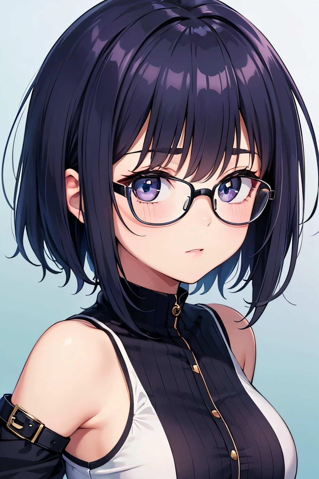 1girl,This detailed CG illustration at 8k resolution is of the highest quality and offers ultra-detailed detail. tetas con una altura de 2 y 1.0 centimeters and a thickness of 8.54 centimeters. El Messy Short Hair, personaje destaca (con su cabello azul oscuro y Azul acero y Azul regio y Azul) y (sus ojos morados y Violeta color) y Magenta, creando un contraste llamativo. Luce unas gafas y camiseta de bermuda