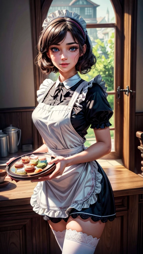 A mischievous young man wearing a maid outfit, beautiful detailed eyes, beautiful detailed lips, extremely detailed face, long eyelashes, maid outfit, maid headdress, apron, stockings, mischievous expression, holding a tray, (best quality,4k,8k,highres,masterpiece:1.2),ultra-detailed,(realistic,photorealistic,photo-realistic:1.37),highly detailed, vibrant colors, soft lighting, intricate details, anime, illustration