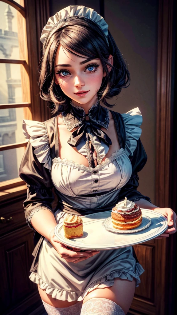 A mischievous young man wearing a maid outfit, beautiful detailed eyes, beautiful detailed lips, extremely detailed face, long eyelashes, maid outfit, maid headdress, apron, stockings, mischievous expression, holding a tray, (best quality,4k,8k,highres,masterpiece:1.2),ultra-detailed,(realistic,photorealistic,photo-realistic:1.37),highly detailed, vibrant colors, soft lighting, intricate details, anime, illustration