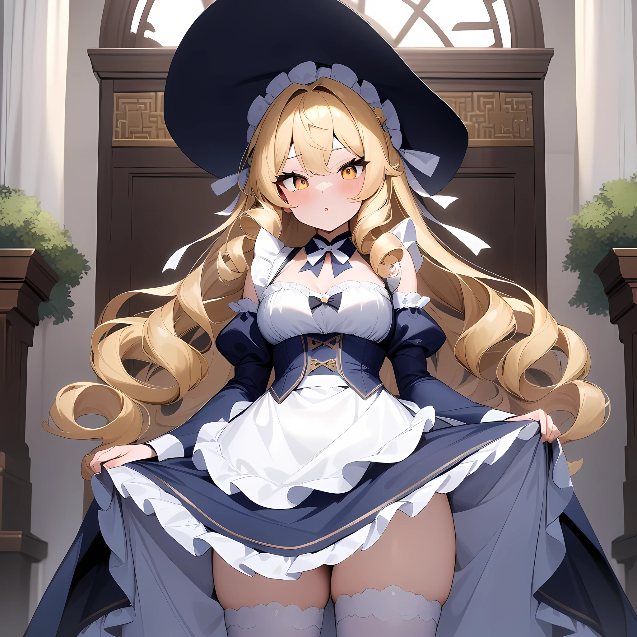 Maid Outfit, masterpiece, best quality, very aesthetic, absurdres, ORIENTAL PROJECT, Marisa Kirisame, Blonde curly hair, White ribbon witch hat, Navy blue maid clothes, Golden Eyes, Marisa is a maid in a European aristocratic mansion