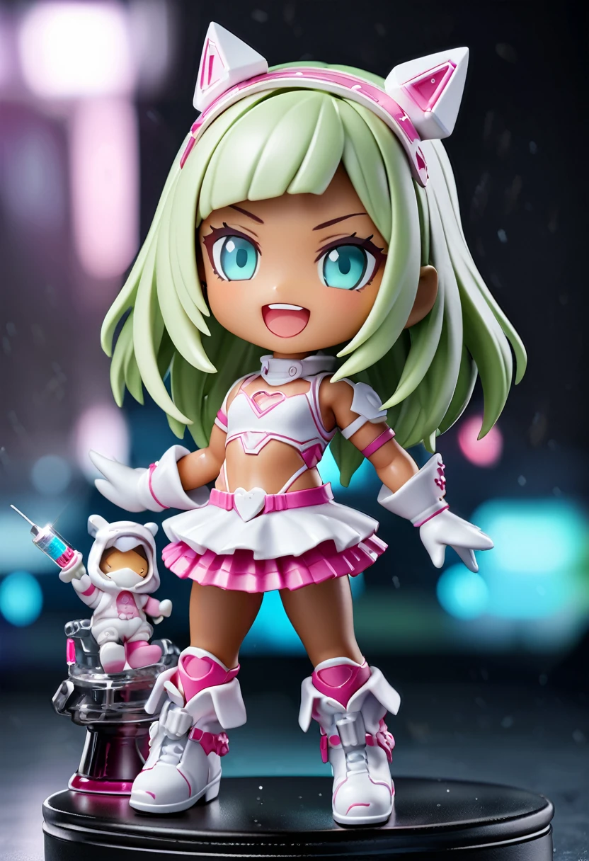 Photorealistic,(masterpiece, best quality:1.1), (ultra highres, ultra-detailed:1.2) ,Figure, (chibi, flat,Nendoroid:1.5),octane rendering,3D rendering,1girl,tween,cute, (big white frog headgear),tanned dark skin,lightgreen hair,side bangs,white sleeveless nurse one piece,white frog gloves,mini skirt,white platform boots,small breast,has a large syringe,cyberpunk metropolis,(fullbody),smile,open mouth,detailed face, depth of field,Portrait,beautiful lighting, volumetric lighting, dynamic pose,(Glitter:1.5) ,