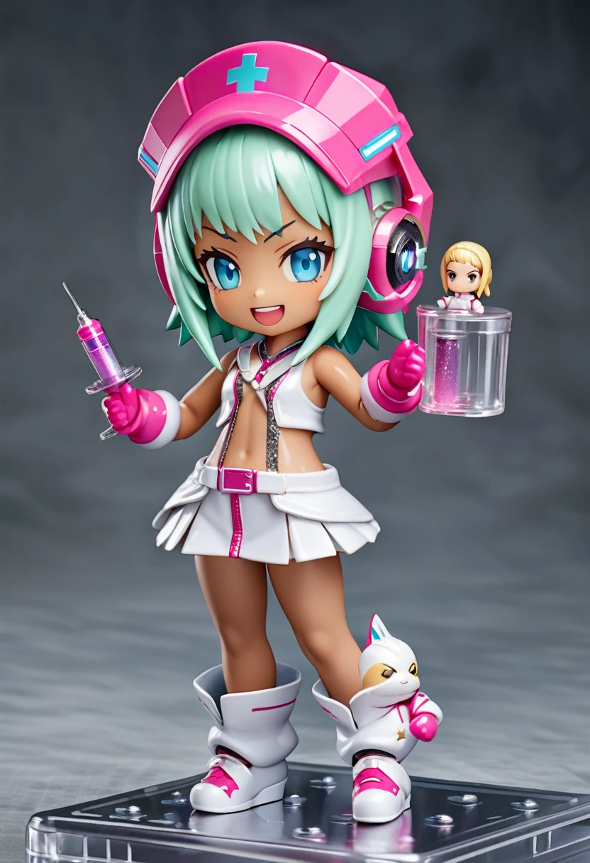 Photorealistic,(masterpiece, best quality:1.1), (ultra highres, ultra-detailed:1.2) ,Figure, (chibi, flat,Nendoroid:1.5),octane rendering,3D rendering,1girl,tween,cute, (big white frog headgear),tanned dark skin,lightgreen hair,side bangs,white sleeveless nurse one piece,white frog gloves,mini skirt,white platform boots,small breast,has a large syringe,cyberpunk metropolis,(fullbody),smile,open mouth,detailed face, depth of field,Portrait,beautiful lighting, volumetric lighting, dynamic pose,(Glitter:1.5) ,