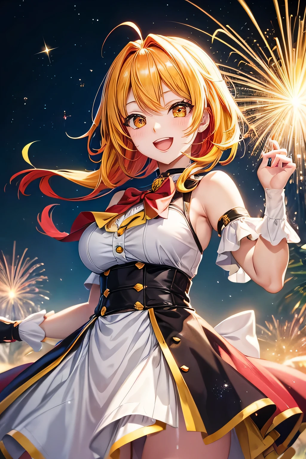 (A anime girl really happy) (has red and yellow hair and sparkling yellow eyes) (doing a poss) (background sparkling park) (4k) (good quality) (HD) 