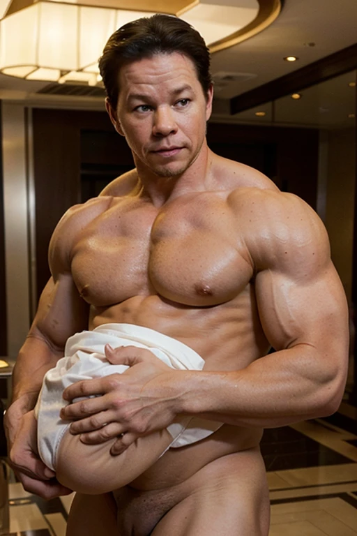 Mark Wahlberg carries a big naked boy, musculos grandes, desnudos, en un hotel.