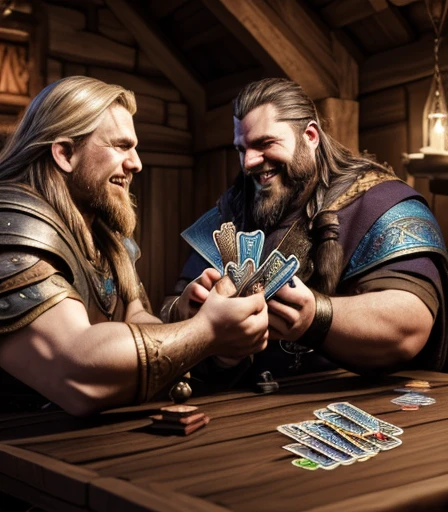((( 2 Cabal creatures are dueling on the card table , 2 creatures of darkness are battling on the card table, 2 mystical creatures are comforting each other on the card table )), He is laughing and holding a skull-shaped goblet full of drink., he is euphoric and very happy with his victory in the mystical card game, by He is sitting facing the viewer Holding his cards with both hands. He looks menacing, Just chubby plump extremely thick thighs (melhor qualidade,4K,8k,high resolution,obra de arte:1.2),ultra-detalhado,realista:1.37,homens,grown-up homens,old homens,fat white muscular homens,cabelo da barriga,large bulges, (((he is in a viking tavern holding magic cards with his hands, he is in a game of magic cards inside a bad tavern, he wears a mystical wizard's overcoat))). pants,camisa xadrez,barba,nojento,60-year-old homens,family,pai,barriga de urso,terno de abertura. Sentado na beirada da cama. apenas usando sunga no corpo. Looking at the spectator gesturing with his hands. Asking for your hand, pedindo um objeto., Se adequa, vetor, mwvetor