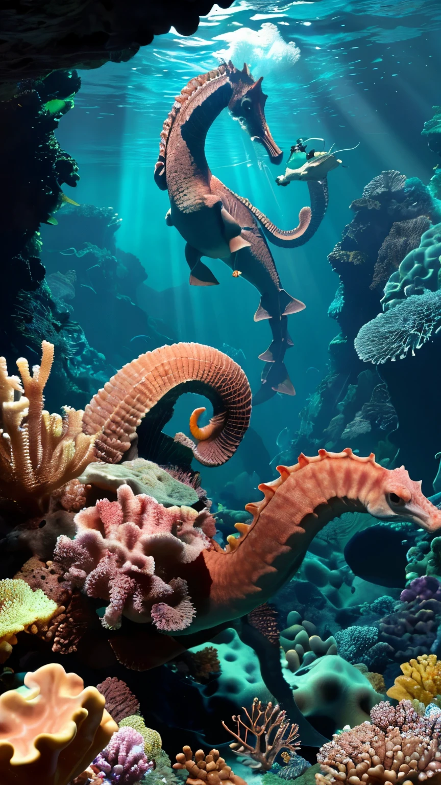 Wide angle view, real underwater world, lesser coral reefs, seahorses, giant seahorses, deep sea, deep sea giants, divers, giant eyes, giant fins, deep sea lights, undersea creatures, mutant creatures, real photos, horror, realism, highest quality, giant creatures, the
A diver is diving in the deep sea.
Behind him a giant seahorse shows its huge head