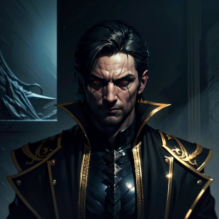 a man with narrow eyes, black eyes, yellow pupils, facial expression lines, short hair with left side bangs, large villain smile, pale anime skin, ominous:1 ,highly contrasted, black overcoat, golden details, cinematic lighting, dark moody atmosphere, dramatic shadows, masterpiece, 8k, (best quality, 4k, 8k, highres, masterpiece:1.2), ultra-detailed, dark fantasy, concept art, chiaroscuro, dramatic lighting