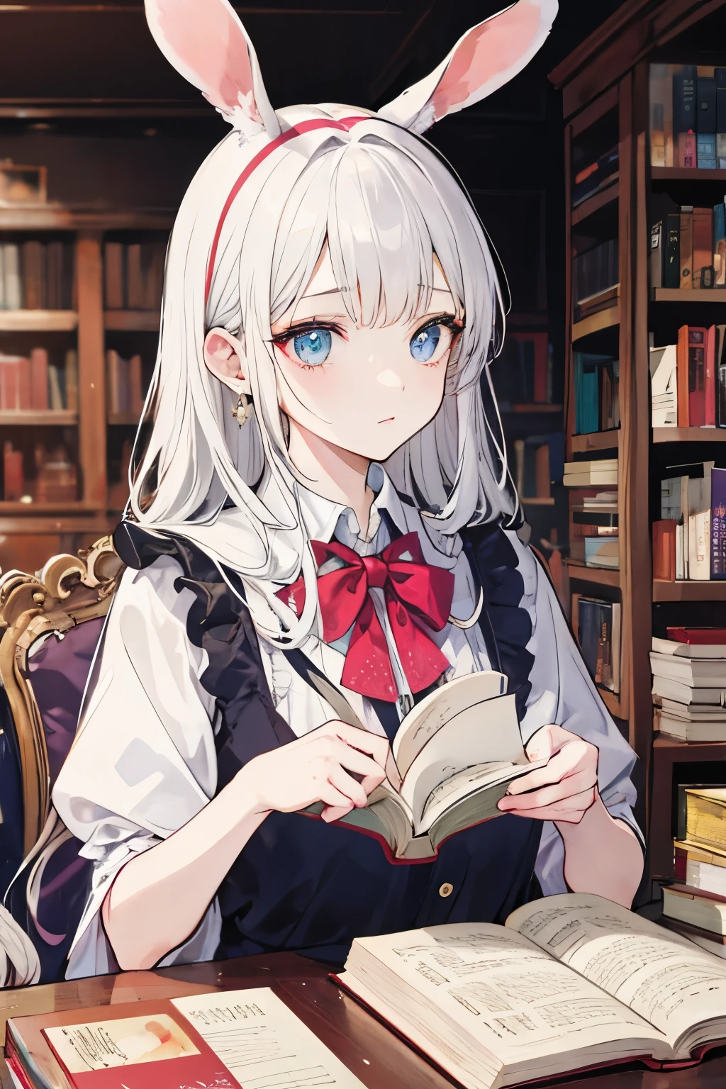 Una chica,cabello blanco,orejas de conejo,Sostiene un libro,Saluda