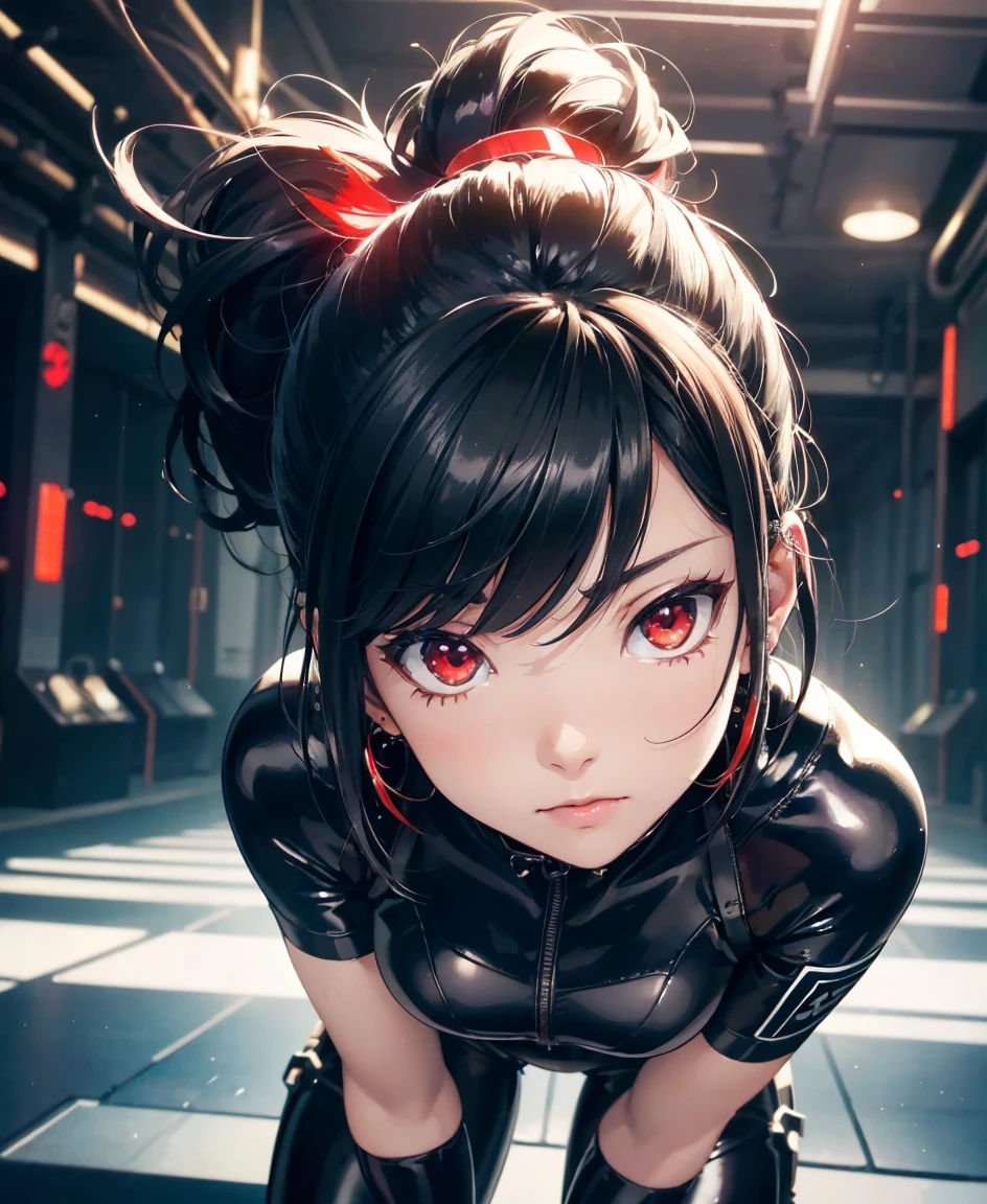 (highest quality,8K,High resolution,masterpiece:1.2),Super detailed,(Realistic,photoRealistic,photo-Realistic:1.37), A Japanese female fighter with a slim build and small face, cute, 1 girl, 18-year-old, Super short black hair, A tight-fitting combat suit in shiny black with a patent leather finish, Tight suit, gloves, Neon sign glowing background, (Cinematic Lighting), Browsing Caution, Your thorns, Black Hair, (Red eyes:1.5), Earrings, 金のhair band, hair band, Side Lock, looking at viewer, break, highest quality, High resolution, unity 8k wallpaper, (Beautiful fine details:1.6), Highly detailed face, Perfect lighting, Highly detailed CG, (Perfect hands, Perfect Anatomy), (cute座り方), (View from the feet), On summer nights, let&#39;s gather with friends to dance to the rhythm and make takoyaki. If we all make it together, a fun party awaits.