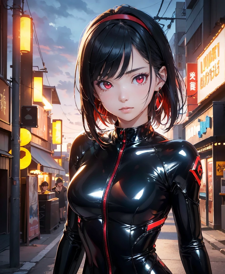 (highest quality,8K,High resolution,masterpiece:1.2),Super detailed,(Realistic,photoRealistic,photo-Realistic:1.37), A Japanese female fighter with a slim build and small face, cute, 1 girl, 18-year-old, Super short black hair, A tight-fitting combat suit in shiny black with a patent leather finish, Tight suit, gloves, Neon sign glowing background, (Cinematic Lighting), Browsing Caution, Your thorns, Black Hair, (Red eyes:1.5), Earrings, 金のhair band, hair band, Side Lock, looking at viewer, break, highest quality, High resolution, unity 8k wallpaper, (Beautiful fine details:1.6), Highly detailed face, Perfect lighting, Highly detailed CG, (Perfect hands, Perfect Anatomy), (cute座り方), (View from the feet), On summer nights, let&#39;s gather with friends to dance to the rhythm and make takoyaki. If we all make it together, a fun party awaits.