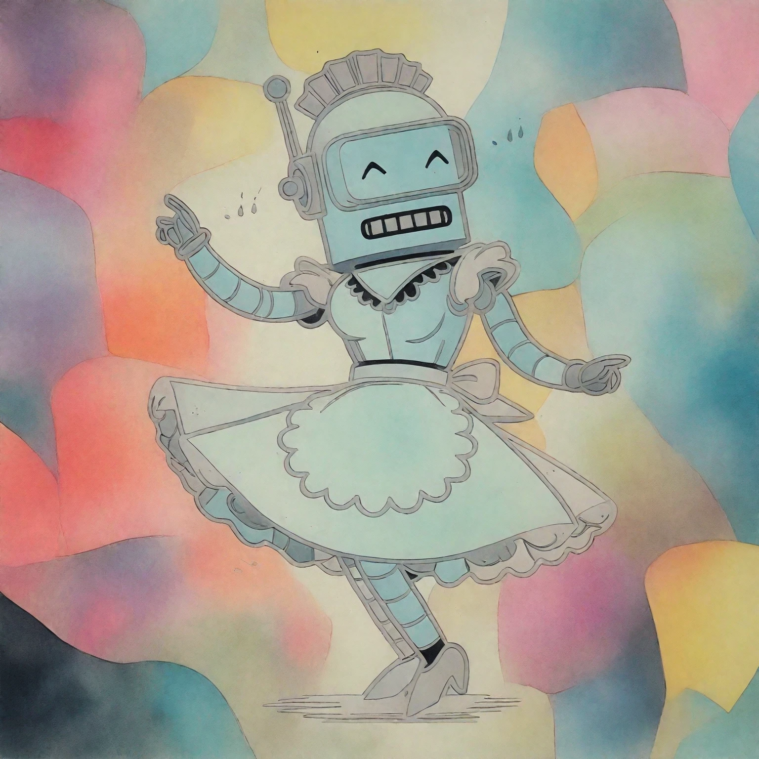 Rosie the Robot in a maid outfit, (vintage comic, The Jetsons style reference) dancing stanky boogie, 1960's rich color grading for shading depth, 1940's watercolor background