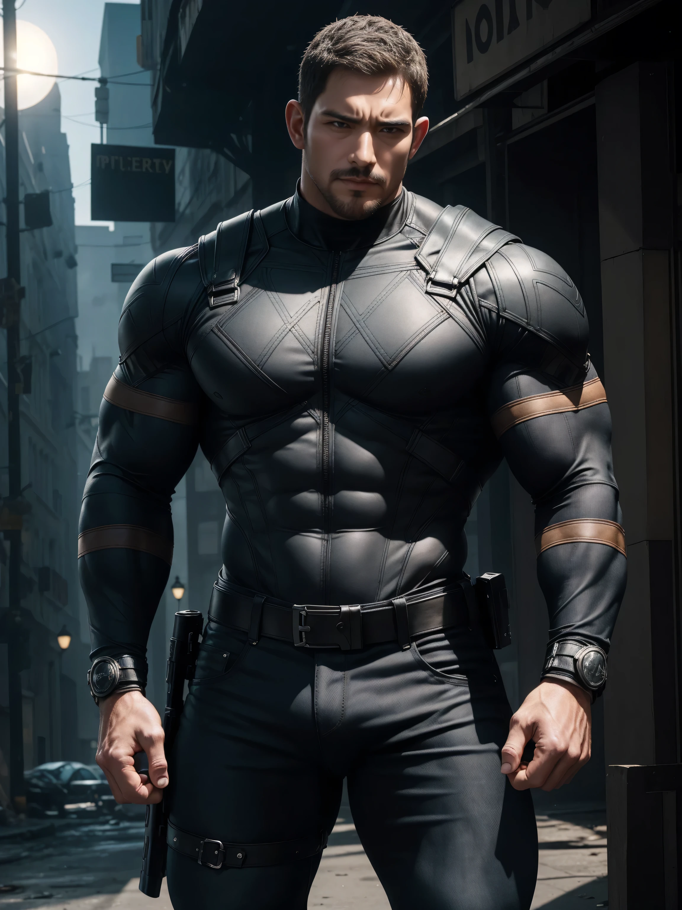 Angry super muscular man, Buzz Cut,On the old-style outdoor street under the hot sun, Wear long-sleeved dark brown superhero Black Panther bodysuit, Dark brown denim fabric texture,The expression is arrogant, Thick thighs, Messy hair, Thick thighs, Turtleneck Long Sleeve Dark Brown Superhero Bodysuit, very tight, Regular symmetrical pattern, Highlight muscles, Police uniform pants, character concept(Resident Evil - Chris Redfield, Chris Redfield)A proud expression, Deep and charming eyes, Heroic male pose, tall Burly, muscular!muscular thighs, tough guy, perfect facial features, High, Burly, Heqiang, Super polished and cool, High Resolution Committee, Charismatic, The sun is blazing, dazzling