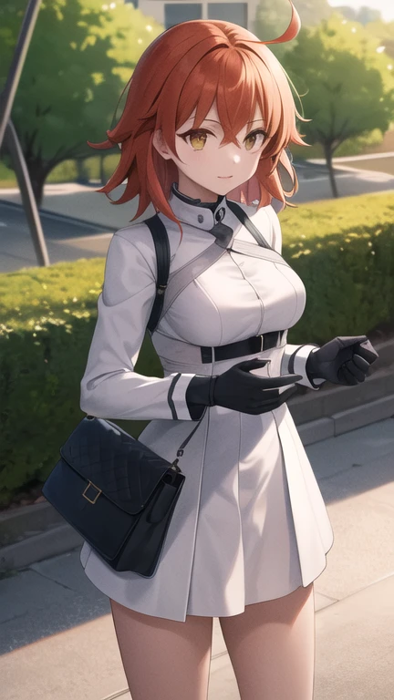 masterpiece, best quality, highres, Fujimaru Ritsuka, medium hair, ahoge, medium breasts, short dress, white dress, long sleeves, black gloves, standing, outdoors, cowboy shot,