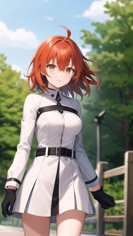 masterpiece, best quality, highres, Fujimaru Ritsuka, medium hair, ahoge, medium breasts, short dress, white dress, long sleeves, black gloves, standing, outdoors, cowboy shot,