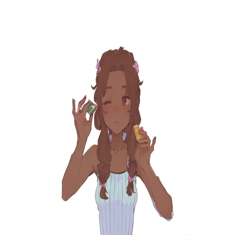 there is a woman that is holding a cell phone up to her ear, carrying a bottle of perfume, she has olive brown skin, anime style character, colored lineart, holding magic flowers, colored sketch, girl with brown hair, cute art style, in an anime style, coloured lineart, pretty anime character design, anime girl drinks energy drink, cute anime style