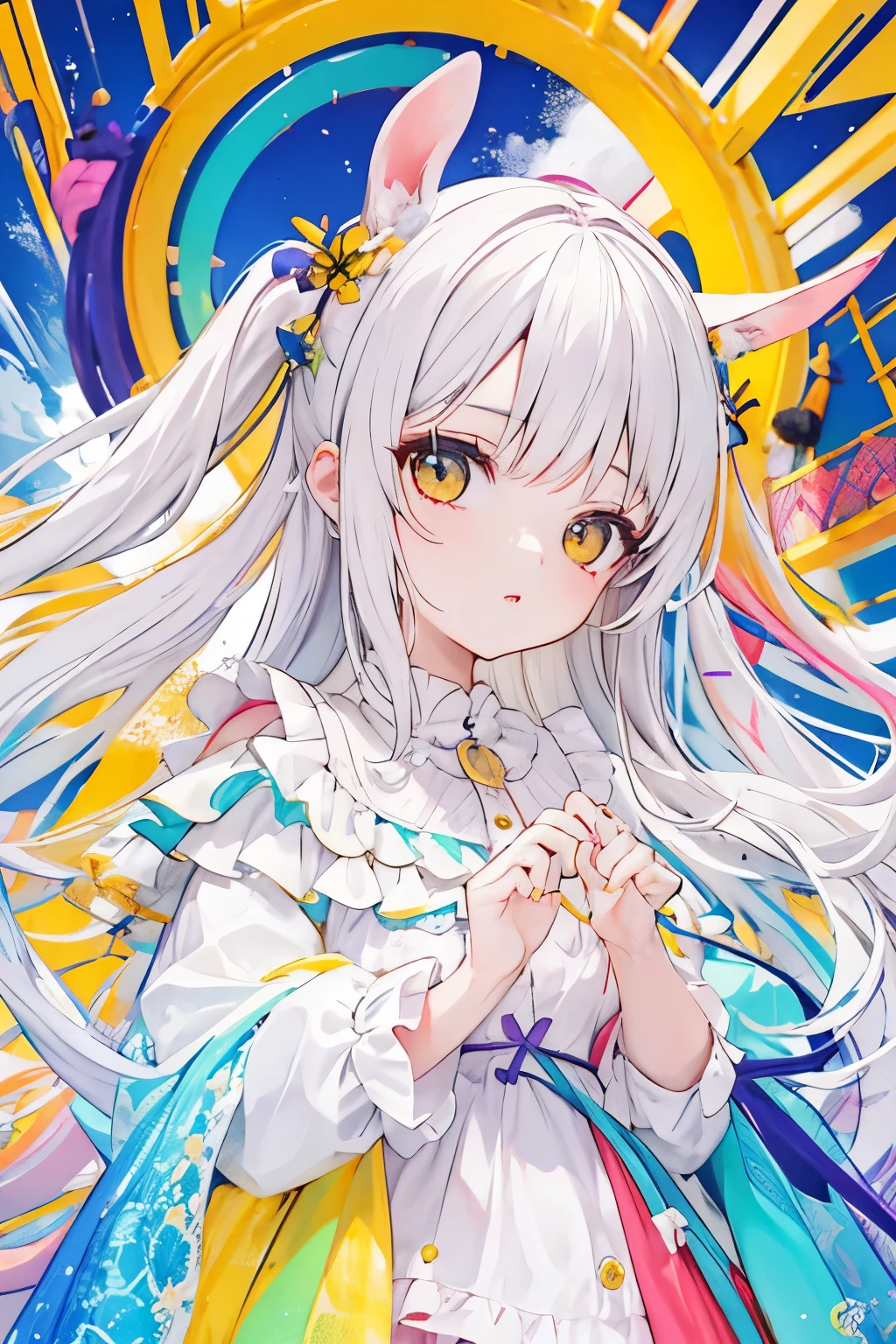 Una chica,cabello blanco,orejas de conejo,fondo muchos colores,Esta pintando,hay muchos colores