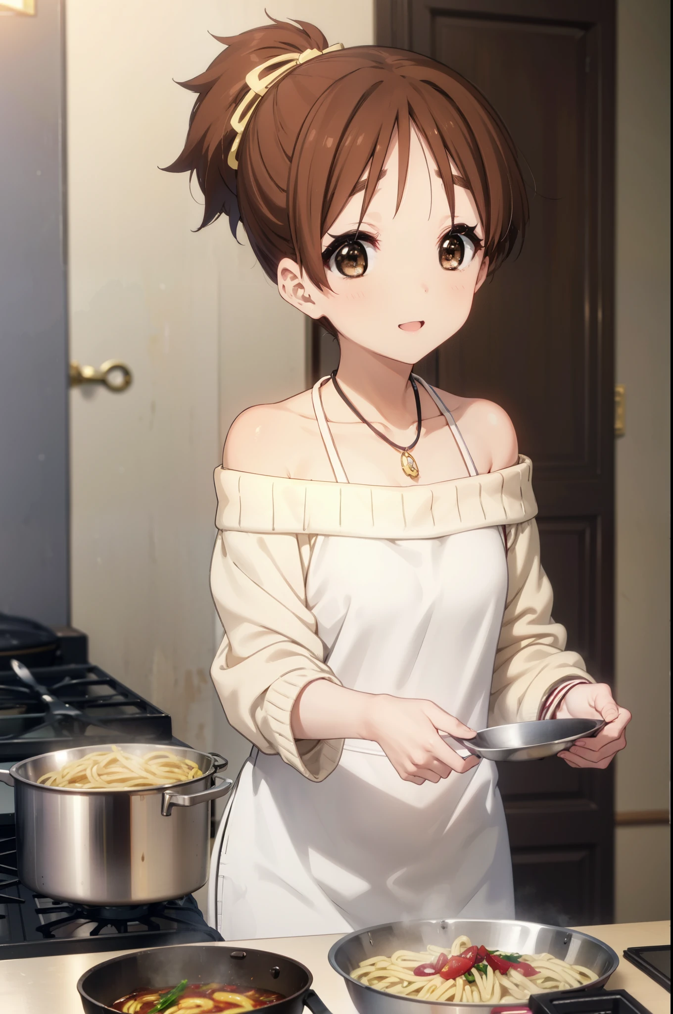 konuihirasawa, Yu Hirasawa, short hair, Brown Hair, (Brown eyes:1.5), ponytail,happy smile, smile, Open your mouth,Off-the-shoulder sweater,Long skirt,Bare shoulders,bare clavicle,Bare neck,Rocket Pendant,barefoot,apron,Zend 4y4, cooking, Frying pan,fire, pasta, Stove, The legs are detached from the frame,whole bodyがイラストに入るように,
break indoors, kitchen,
break looking at viewer, whole body,
break (masterpiece:1.2), highest quality, High resolution, unity 8k wallpaper, (shape:0.8), (Beautiful details:1.6), Highly detailed face, Perfect lighting, Highly detailed CG, (Perfect hands, Perfect Anatomy),