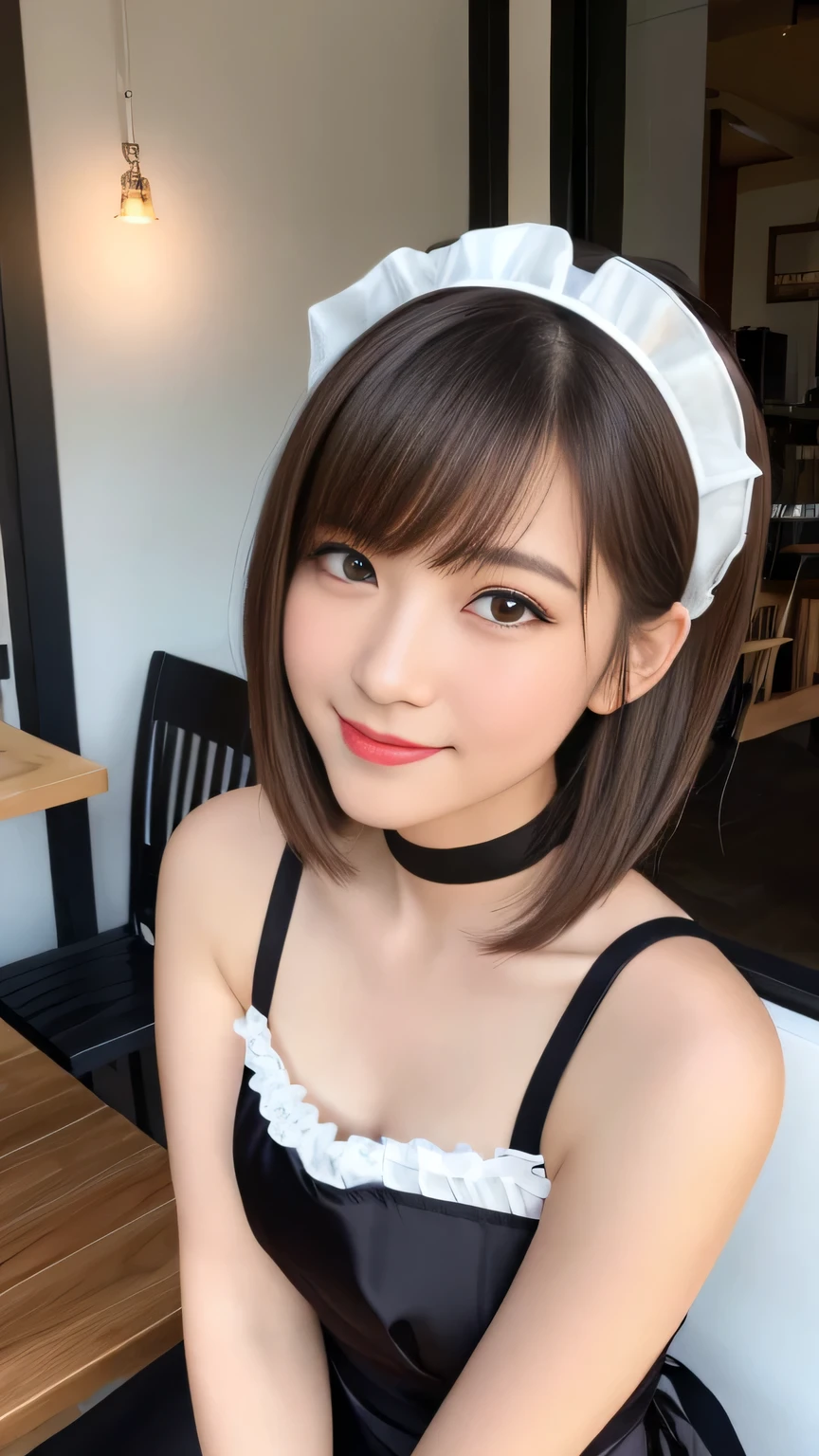masterpiece, One girl per photo, Upper Body Shot, View from the front, Young and beautiful woman in Japan, She is smiling while sitting in a cafe wearing a cute black maid outfit made of short sleeved satin silk., Wearing a white frilly headband, White frilly apron, Black choker, Attractive appearance, Super cute face, Glossy lips, Sweaty body, Double eyelids on both eyes, Natural Makeup, Long eyelashes, Shiny and smooth light brown long bob hair, Asymmetrical bangs, Sunburned skin, Center image, 8K resolution, High detail, Detailed hairstyle, Detailed face, Spectacular movie lighting, Octane Rendering, Vibrant, Ultra-realistic, Perfect limbs, Perfect Anatomy,Disproportionate breasts, Apply blush all over the face