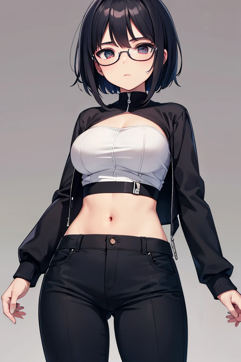 This detailed CG illustration at 8k resolution is of the highest quality and offers ultra-detailed detail. tetas con una altura de 2 y 2.42 centimeters and a thickness of 8.54 centimeters. El Messy Short Hair, personaje destaca con su cabello azul oscuro y sus ojos morados, creando un contraste llamativo. Luce unas gafas y viste un abrigo negro. hombros descubiertos, In a spicy pink crop top Low Rise Pants,