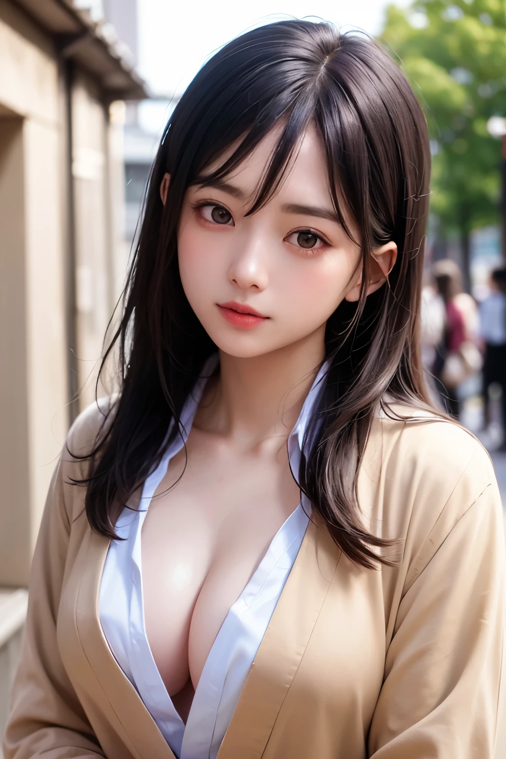 (1 nogizaka girl,raw photo,photo realistic:1.5),(best quality, high quality,HDR, highest quality,ultra high resolution,high resolution,high res,ultra high difinition,huge file size,8K,2K wallpaper,8K wallpaper,high quality texture,amazing,an extremely delicate:1.4),one girl, Japanese famous idol,beautiful face,small face,absurd,ridiculous,incredibly ridiculous,portrait,breasts close up,blurry background,(school uniform,cleavage,no makeup:1.2),(six_heads tall),medium skin,beautiful skin,detailed skin,six heads tall,black hair,silky hair,(Japanese eyes:1.3),detailed eyes,black eyes,Japanese idol eyes,triangle eyes,Japanese nose,5-fingers,(Light Particles, Lens Flare, Luminous Particles: 0.7),looking at viewer,bright lighting,professional lighting,girl