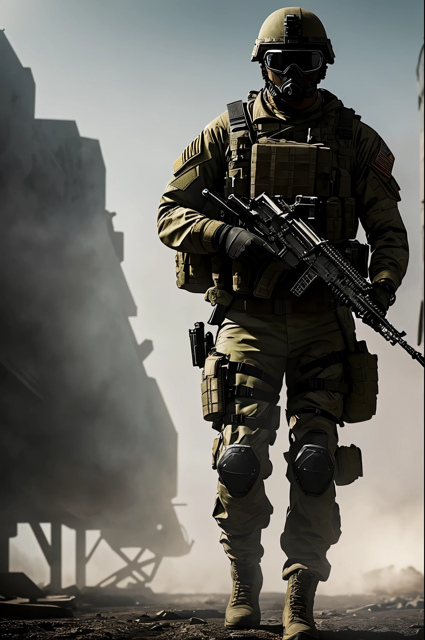 a modern soldier, looking back, with well-defined lines, RTX, high quality, call of duty style, unreal engine 5, highly detailed, hyper realistic, cinematic lighting, dramatic shadows, volumetric fog, depth of field, dynamic pose, military uniform, assault rifle, tactical gear, rugged terrain, moody atmosphere, cinematic camera angle, epic scale