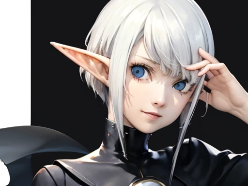 1girl, solo, white_hair and lock of hair over one eye , short back hair that goes up, one hide eye , hazel_eyes , black ram's horn, looking_at_viewer, short_hair , black clothes , elf ears , black cape, noire , smart face , sneaky smile 