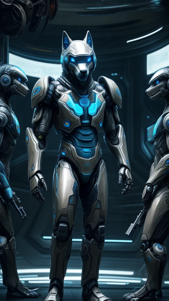 male, solo, wolf, photorealistic, scifi, mammal, group, machine, anthro, armor, male, human, helmet, weapon, robot, hi res, science fiction, ranged weapon, blue eyes, canine, canid, gun