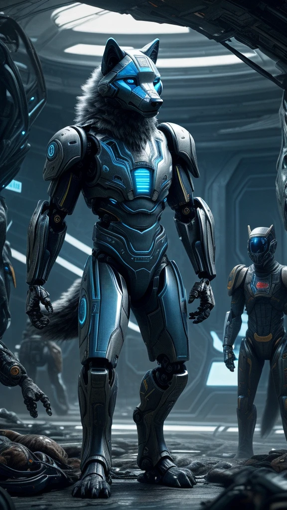 male, solo, wolf, photorealistic, scifi, mammal, group, machine, anthro, armor, male, human, helmet, weapon, robot, hi res, science fiction, ranged weapon, blue eyes, canine, canid, gun