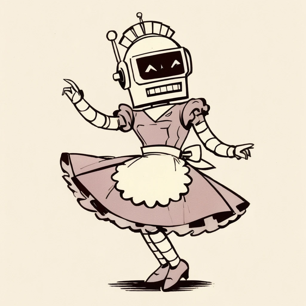 Rosie the Robot in a maid outfit, (vintage comic, The Jetsons style reference) dancing stanky boogie, 1960's rich color grading for shading depth, 1940's watercolor background