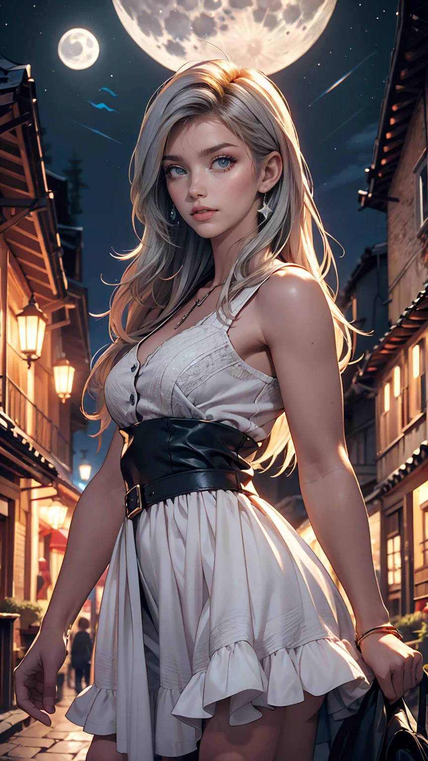 24 year old Caucasian female、Silver Hair、blue eyes、long hair、French Suburbs、Rural Area、moonlight、The moon is so blue, let&#39;s go home、smile
