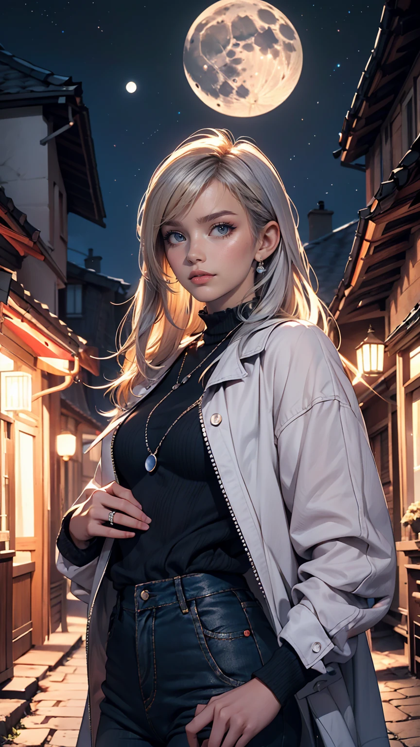 24 year old Caucasian female、Silver Hair、blue eyes、long hair、French Suburbs、Rural Area、moonlight、The moon is so blue, let's go home、smile