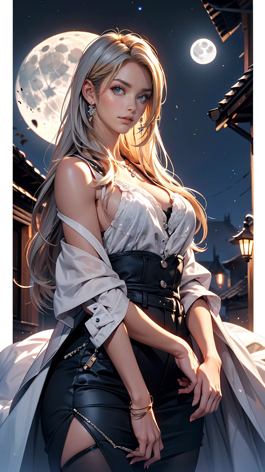 24 year old Caucasian female、Silver Hair、blue eyes、long hair、French Suburbs、Rural Area、moonlight、The moon is so blue, let's go home、smile