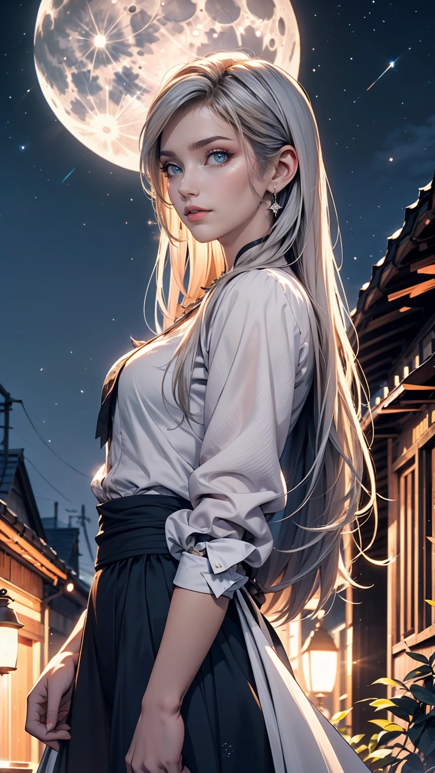 24 year old Caucasian female、Silver Hair、blue eyes、long hair、French Suburbs、Rural Area、moonlight、The moon is so blue, let's go home、smile