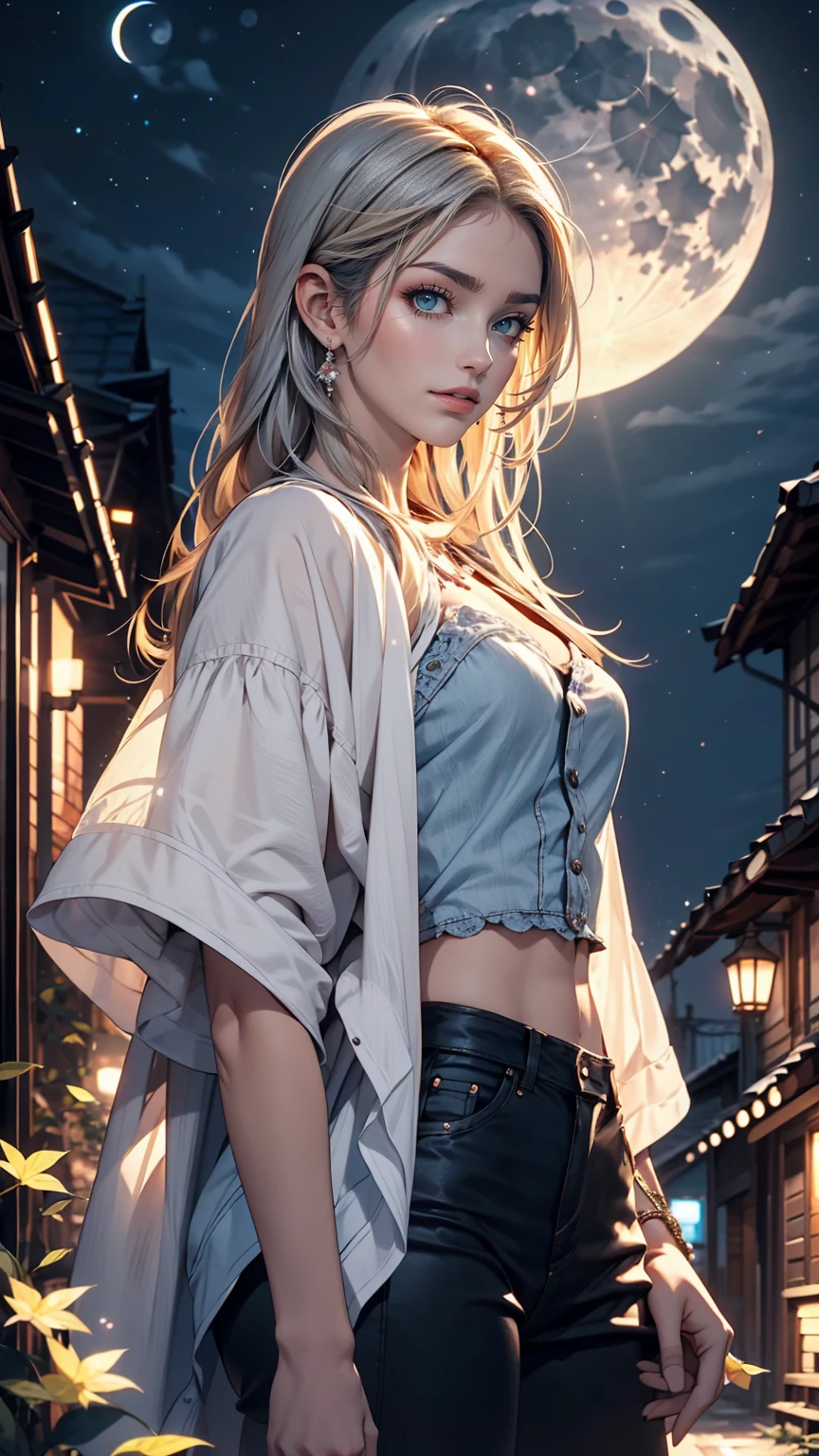 24 year old Caucasian female、Silver Hair、blue eyes、long hair、French Suburbs、Rural Area、moonlight、The moon is so blue, let's go home、smile