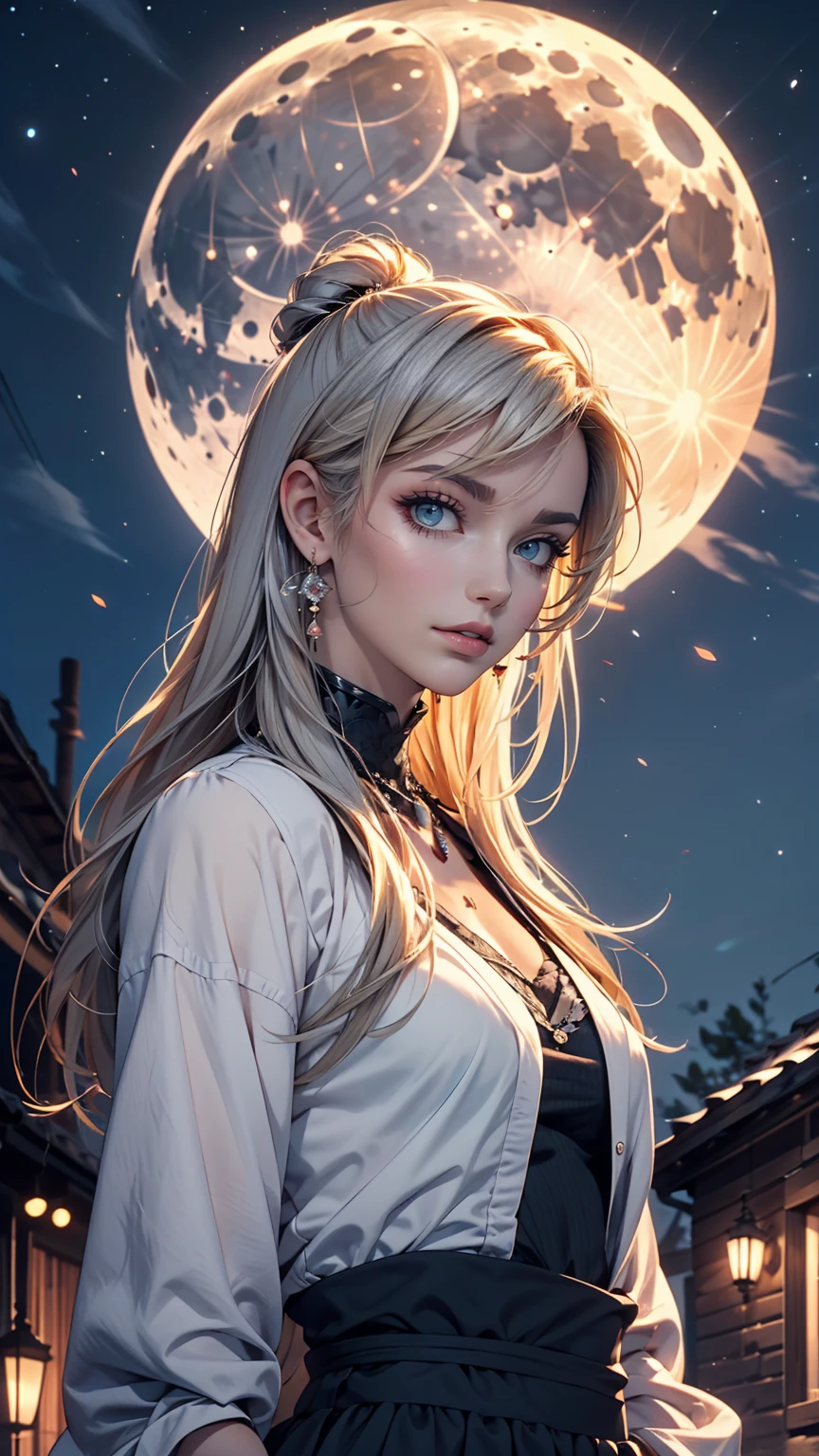 24 year old Caucasian female、Silver Hair、blue eyes、long hair、French Suburbs、Rural Area、moonlight、The moon is so blue, let's go home、smile