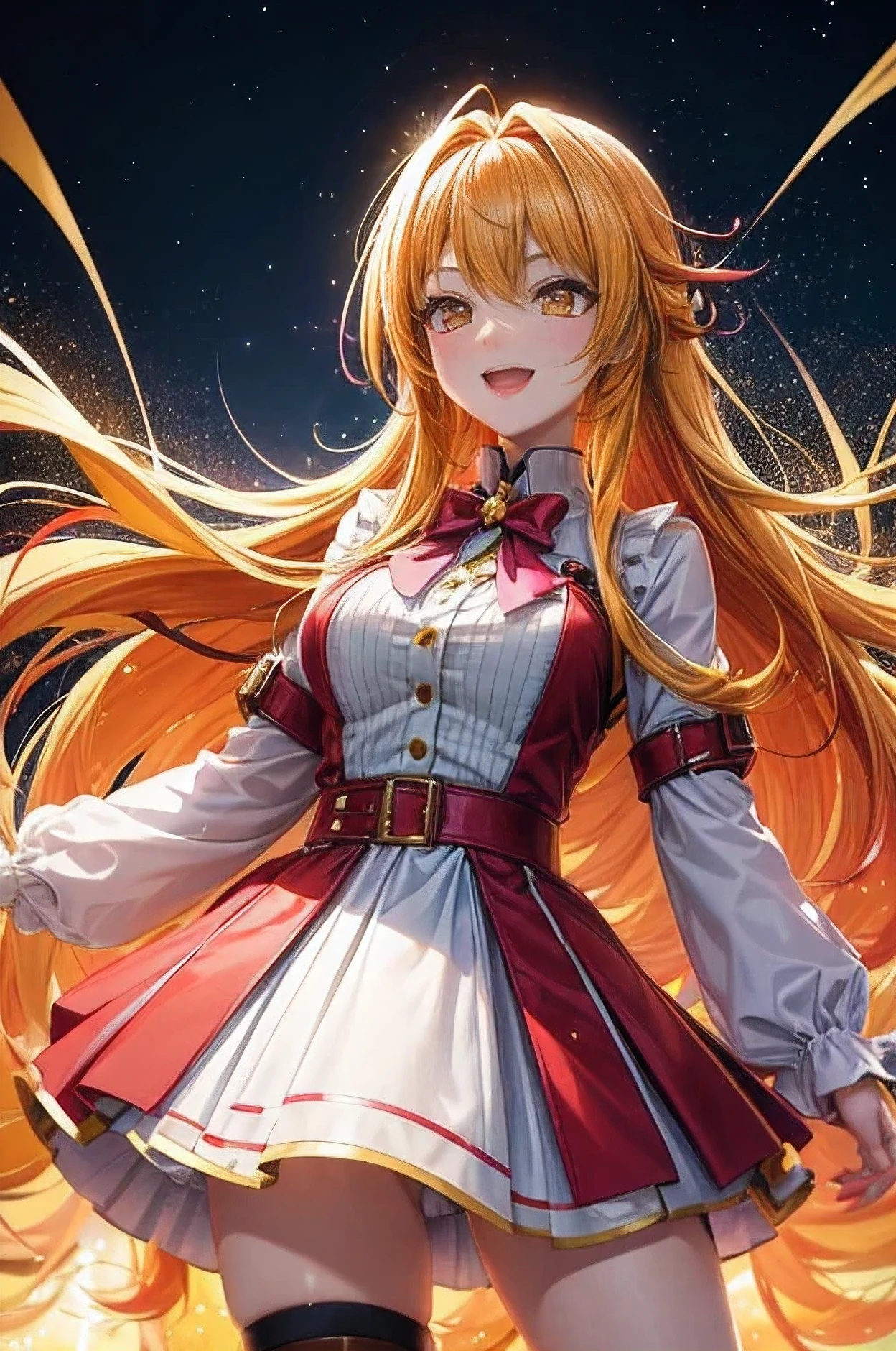 (A anime girl really happy) (has red and yellow hair and sparkling yellow eyes) (doing a poss) (background sparkling park) (4k) (good quality) (HD)